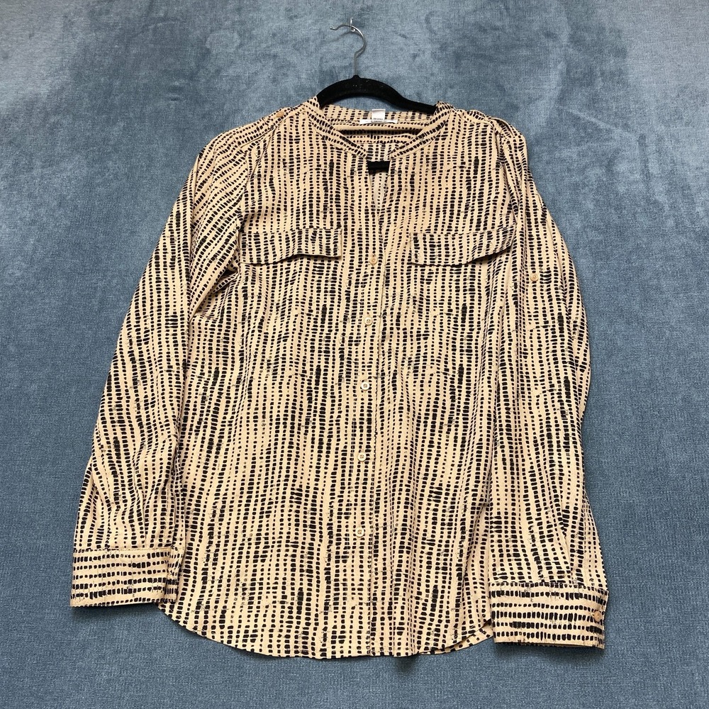 Calvin Klein Blouse Top Womens Medium Beige Brown Broken Stripes Button Front